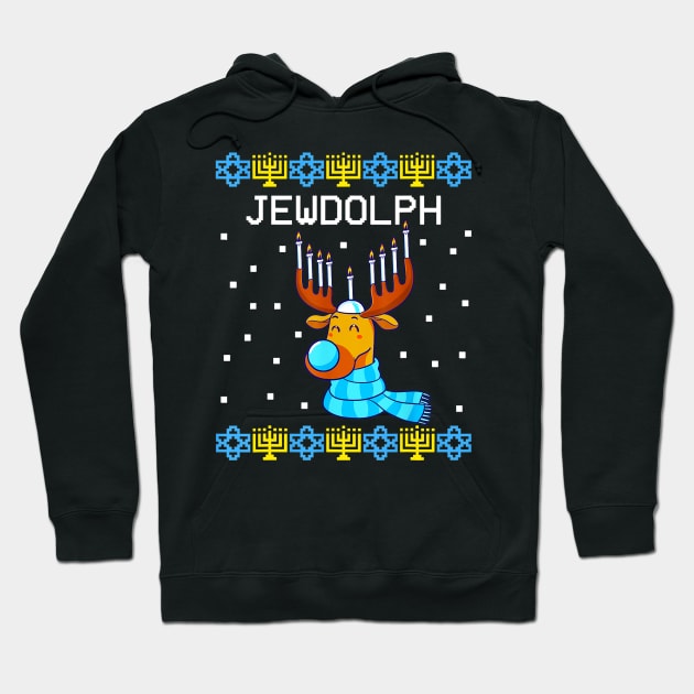 Jewdolph Ugly Hanukkah Sweater Reindeer Menorah Chanukah Hoodie by Jesse J Campbell